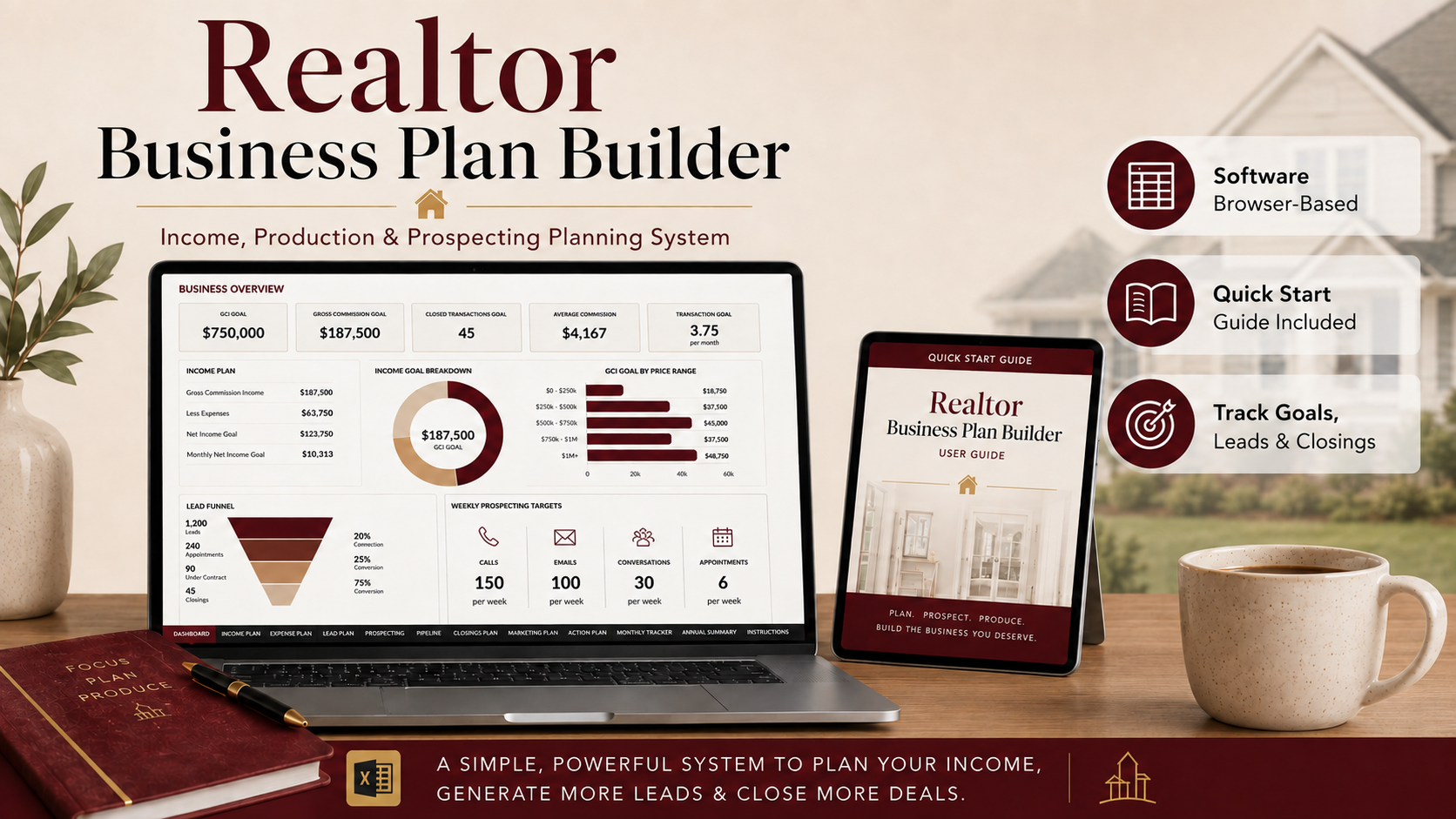 Full product image showing the Realtor Business Plan Builder workbook, laptop, and Quick Start Guide