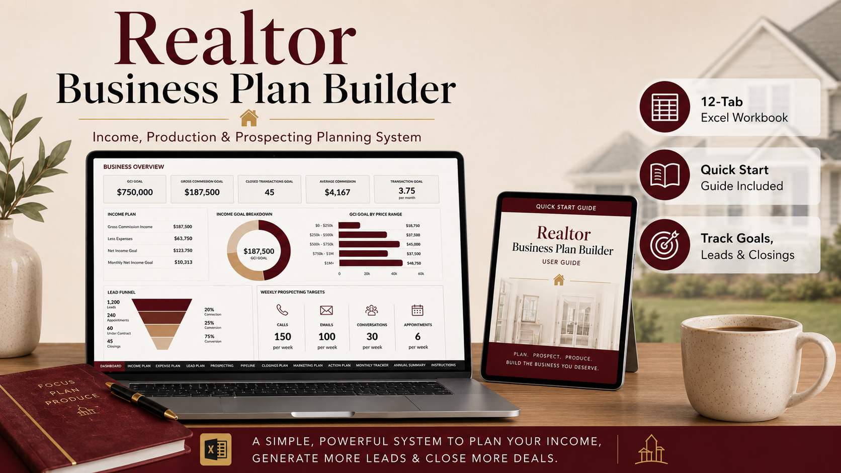Realtor Business Plan Builder workbook, laptop, and Quick Start Guide